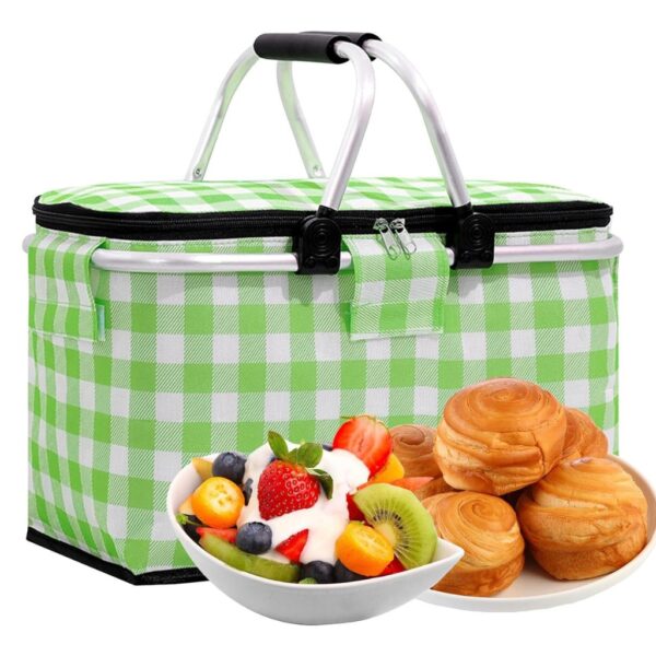 Panier de pique-nique a isolation thermique pliable portable avec couvercle et poignée en aluminium