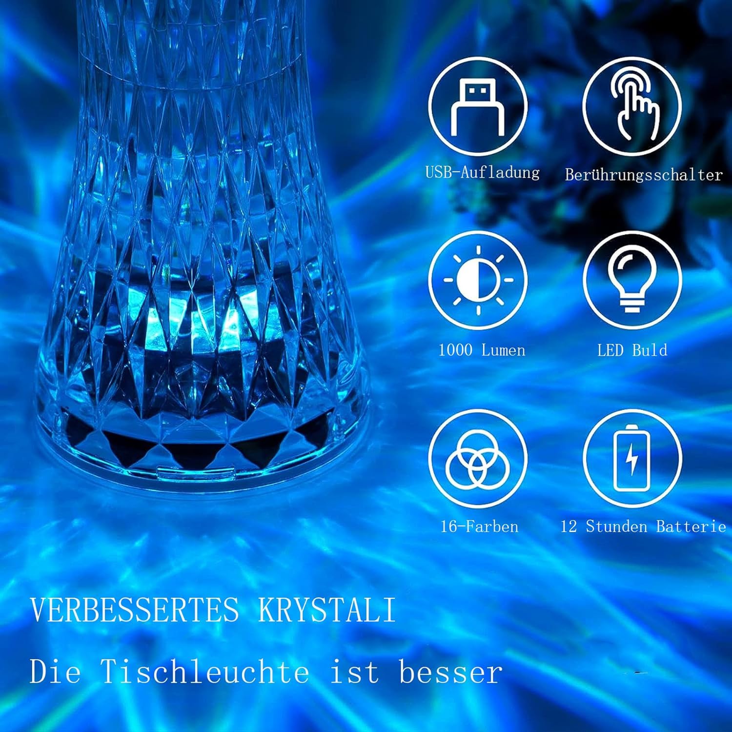 Lampe de table en cristal sans fil tactile RGB pour chambre