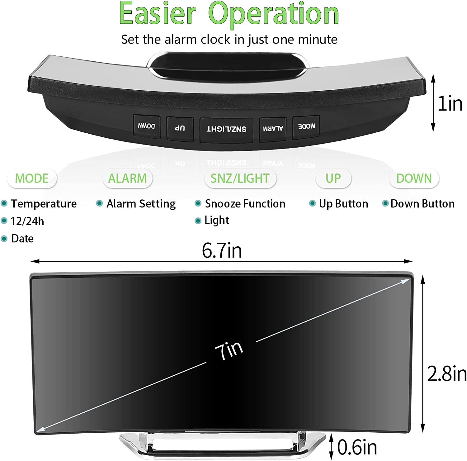 Digital table clock with alarm, thermometer, and light