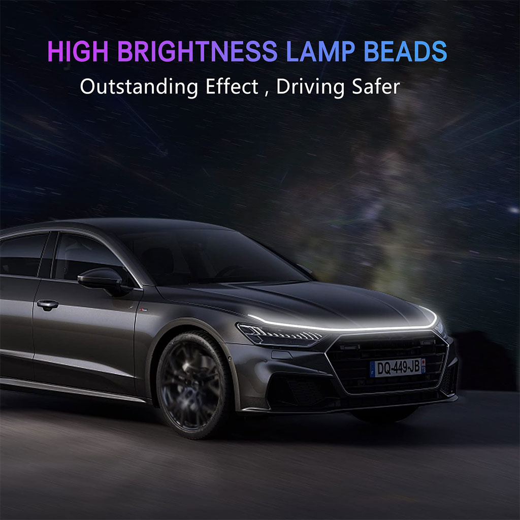 Dynamic LED light strip for car hood