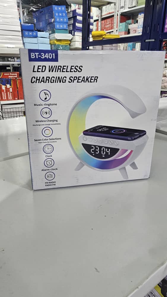 مكبر صوت بلوتوث مع ساعة ومنبه وشاحن لاسلكي RGB موديل BT-3401