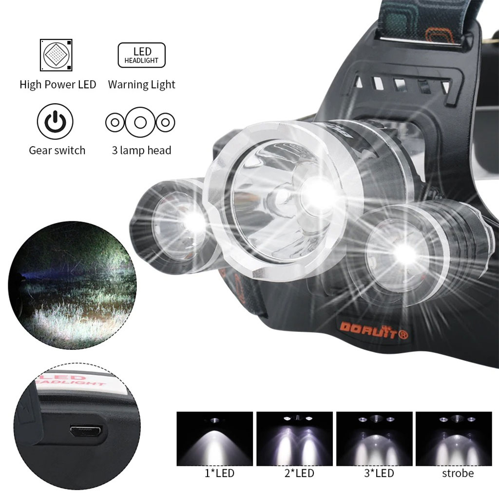 Lampe frontale LED, 4 modes, 6000K, rechargeable USB