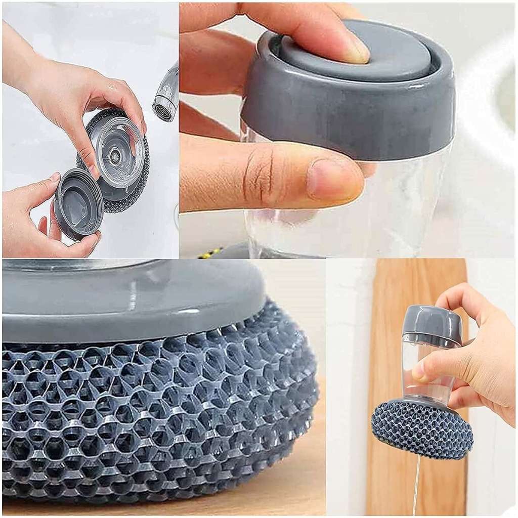 Handheld dish brush with soap dispenser