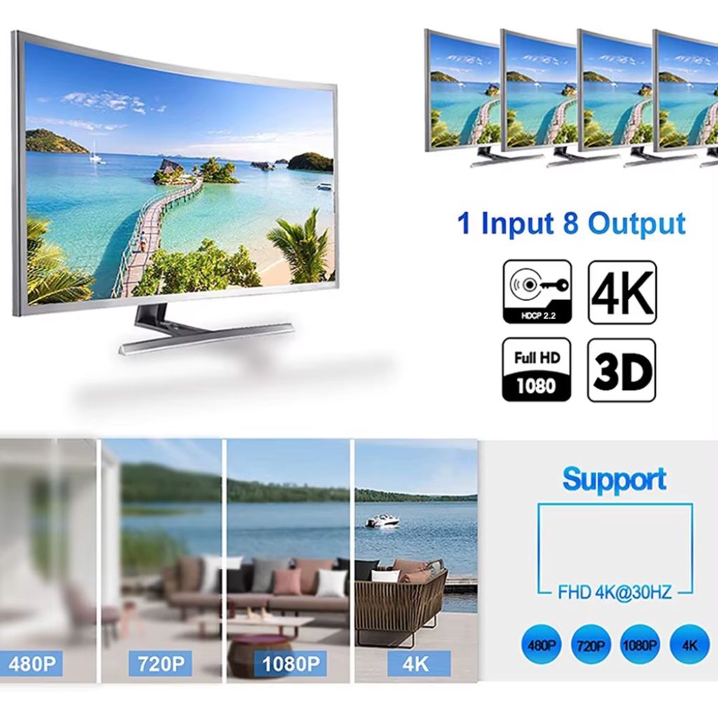 Répartiteur Vidéo HDMI 1x8 avec 8 Ports Compatible 4K – HDMI X8 موزع