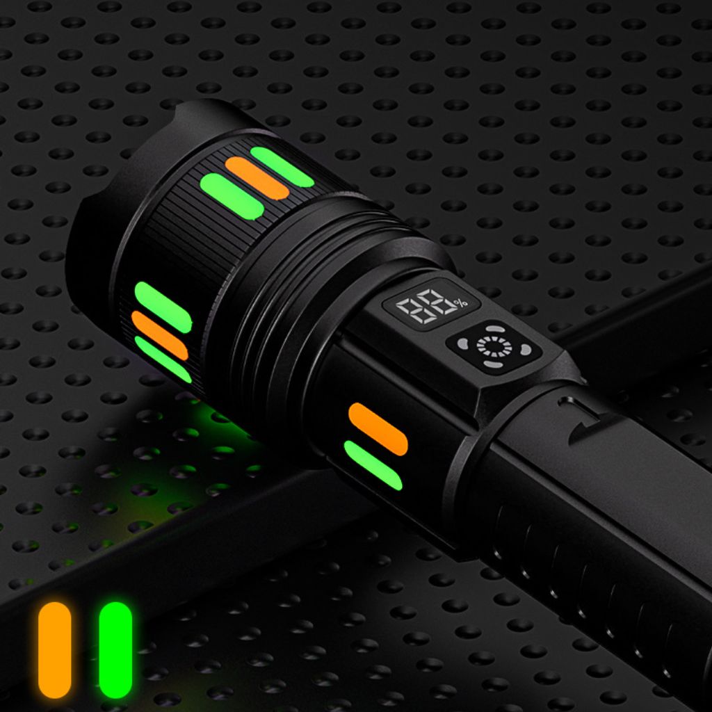 LED flashlight with telescopic zoom and fluorescent strips