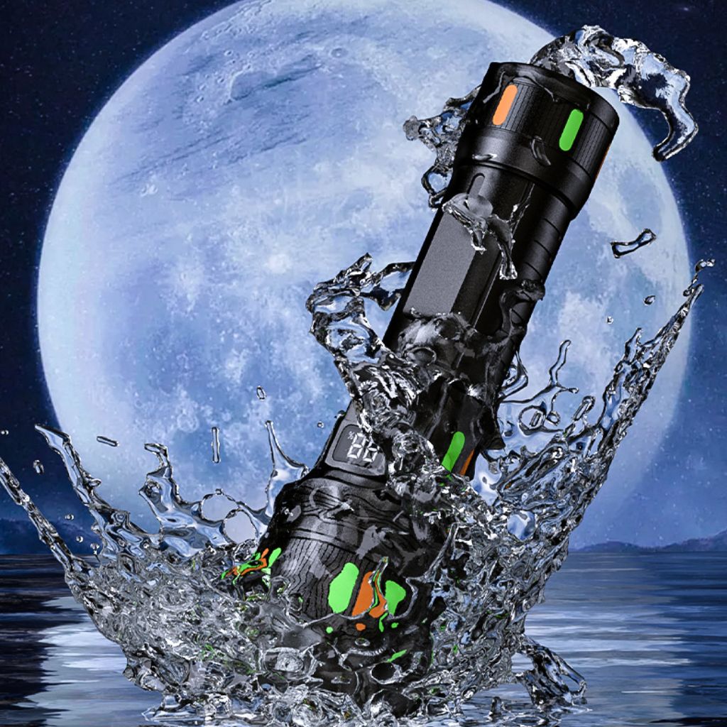 LED flashlight with telescopic zoom and fluorescent strips