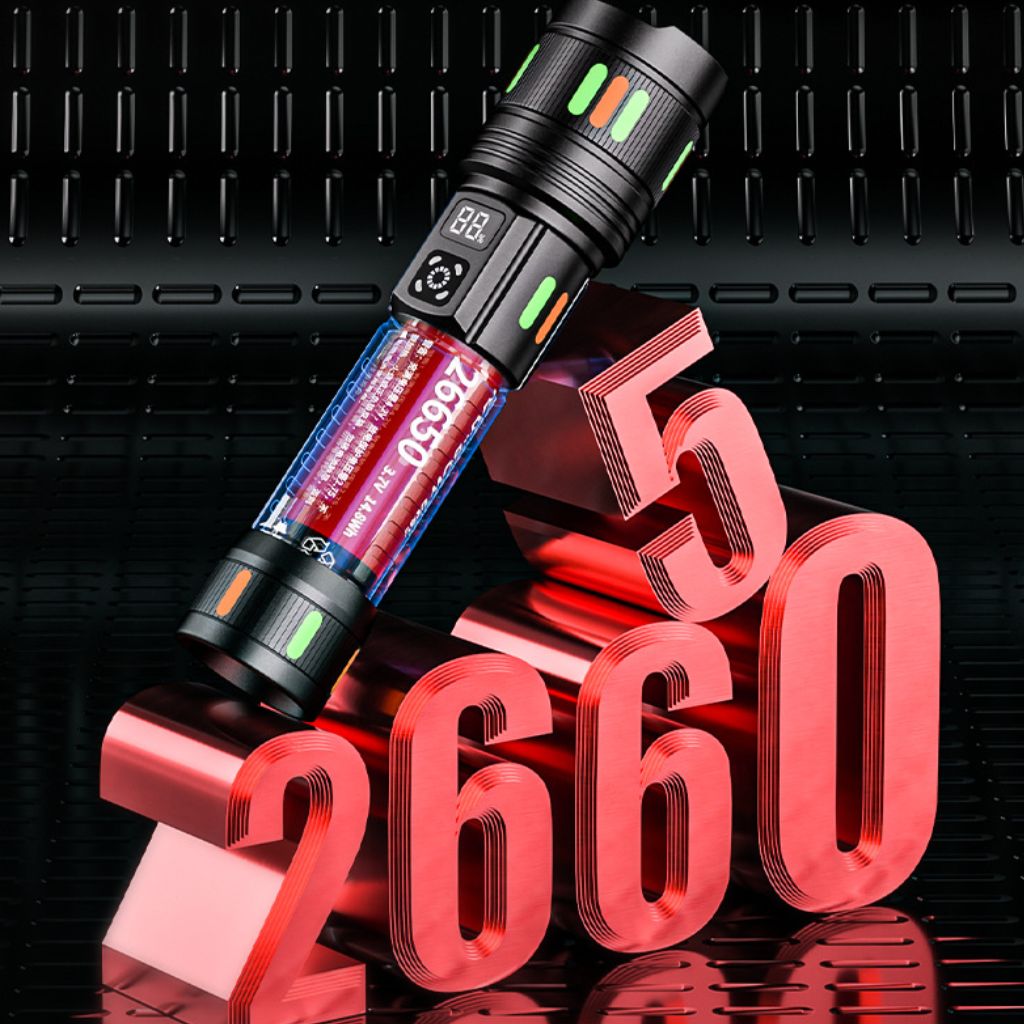 LED flashlight with telescopic zoom and fluorescent strips