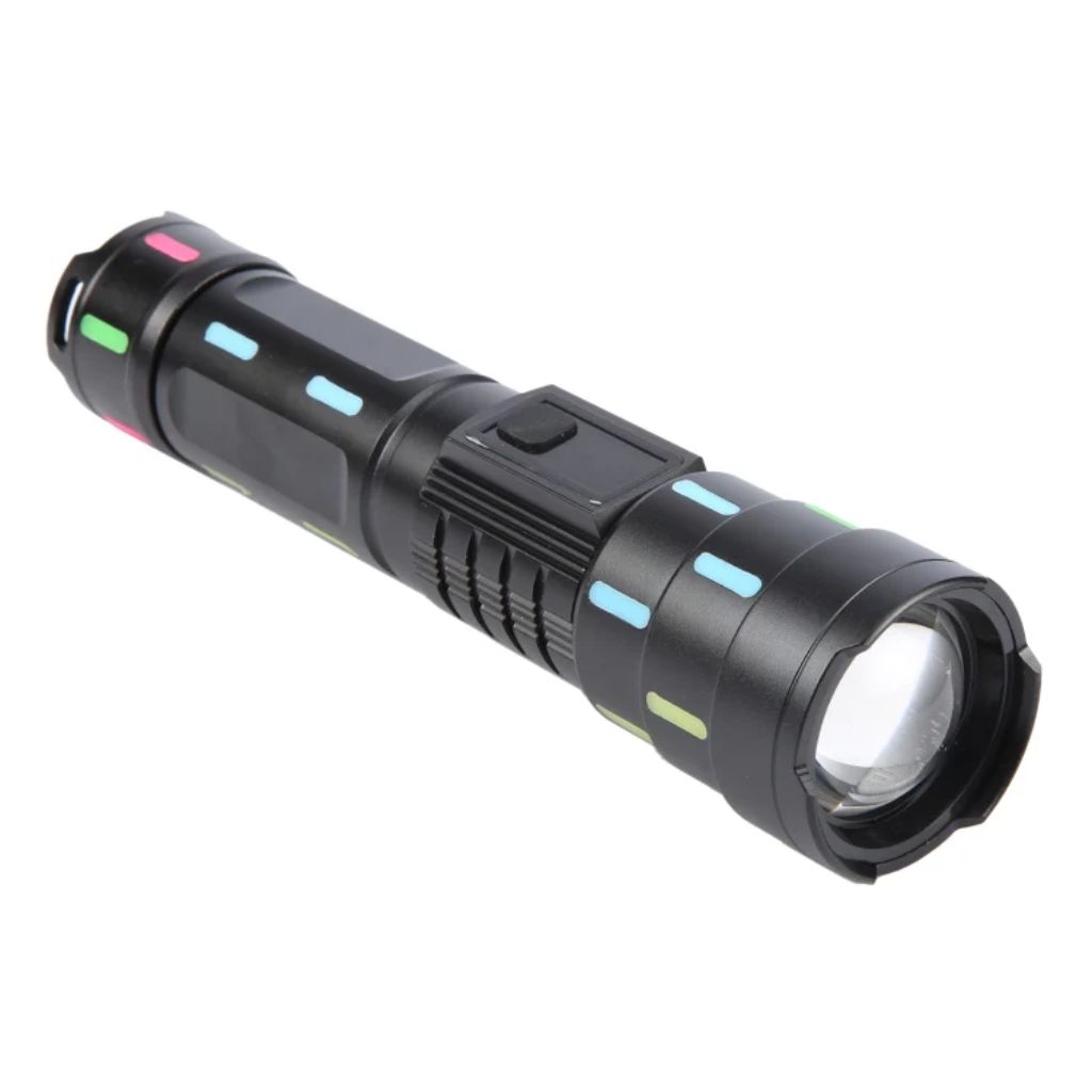 LED flashlight with telescopic zoom and fluorescent strips