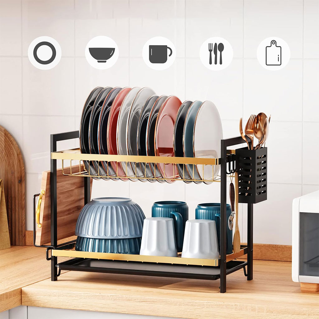 2-Tier Gold Dish Drying Rack for Kitchen