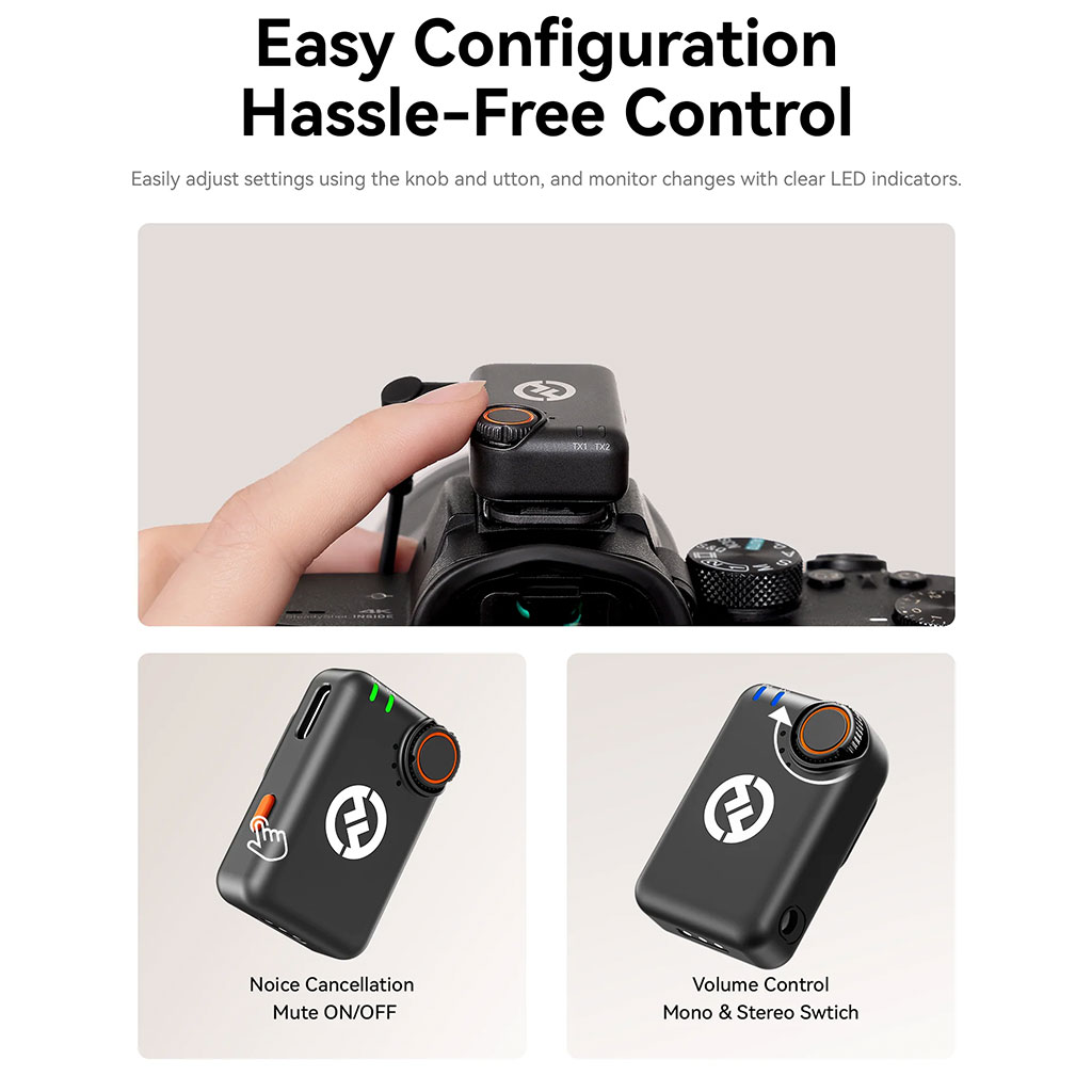 Microphone cravate sans fil Hollyland Lark M2S Combo (récepteur caméra + récepteur USB-C + câble Lightning)