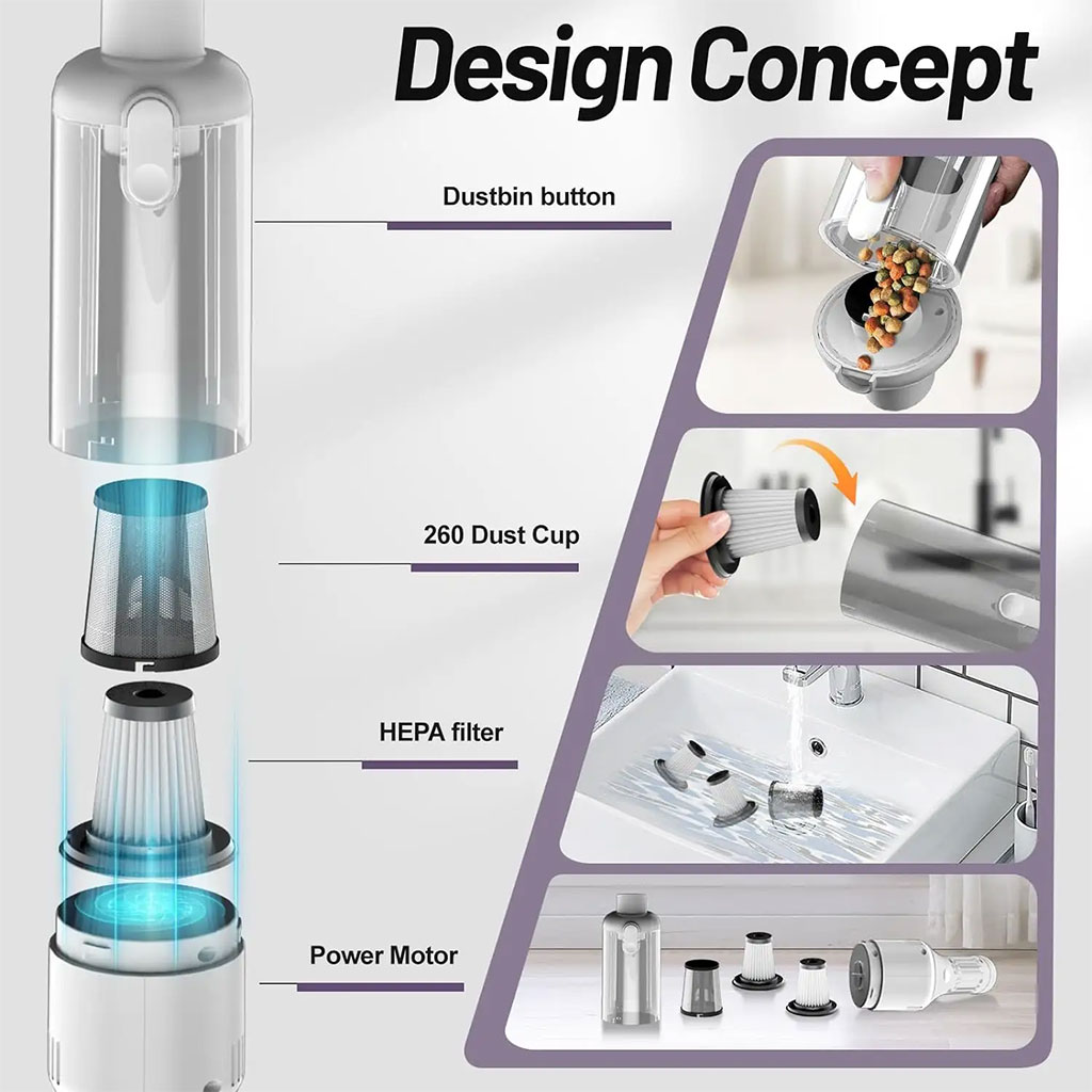 Portable cordless vacuum cleaner 9000Pa with 4 attachments