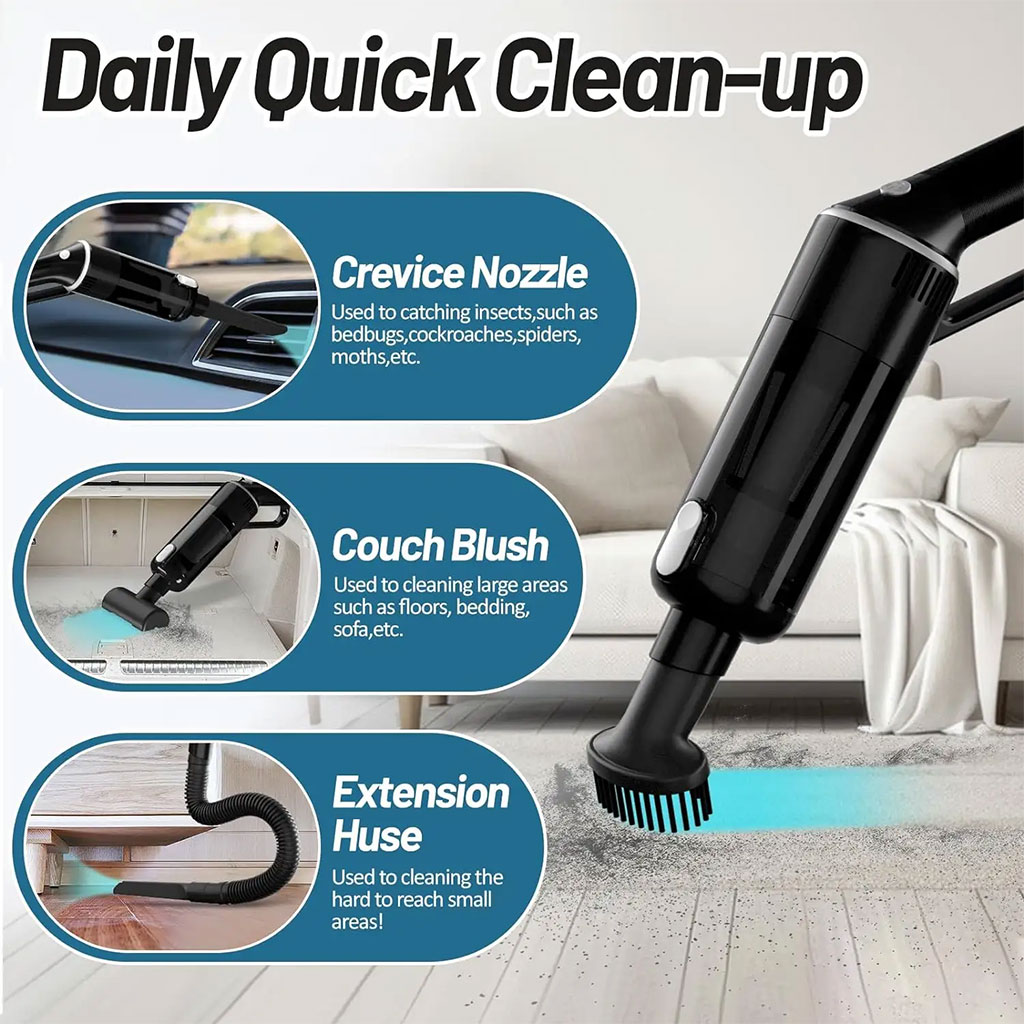 Portable cordless vacuum cleaner 9000Pa with 4 attachments
