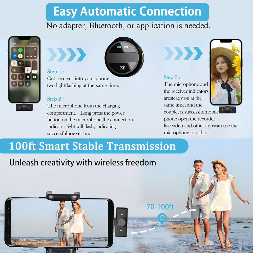 Double Microphone à clipser sans fil iPhone et TYPE C avec étui de chargement – ميكروفون ثنائي مع علبة شحن