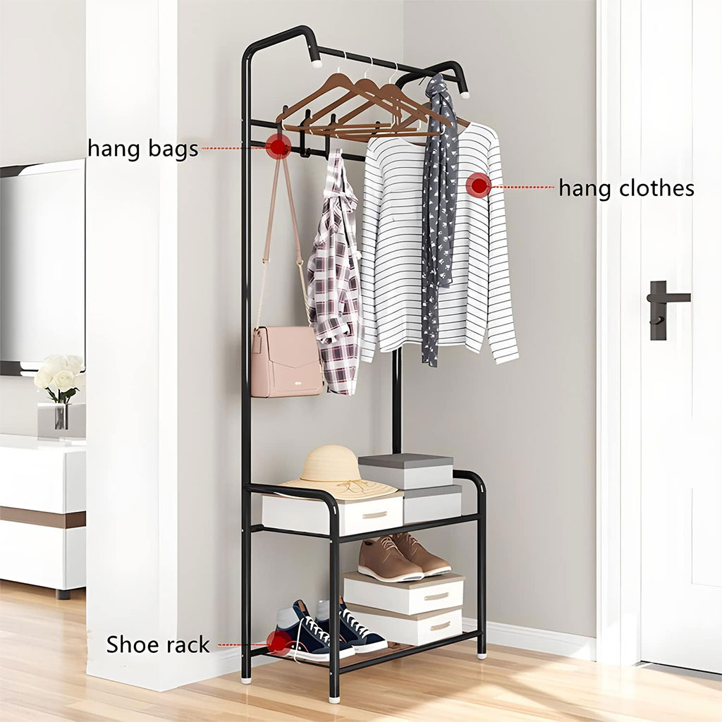 Metal coat rack and shoe organizer with hangers