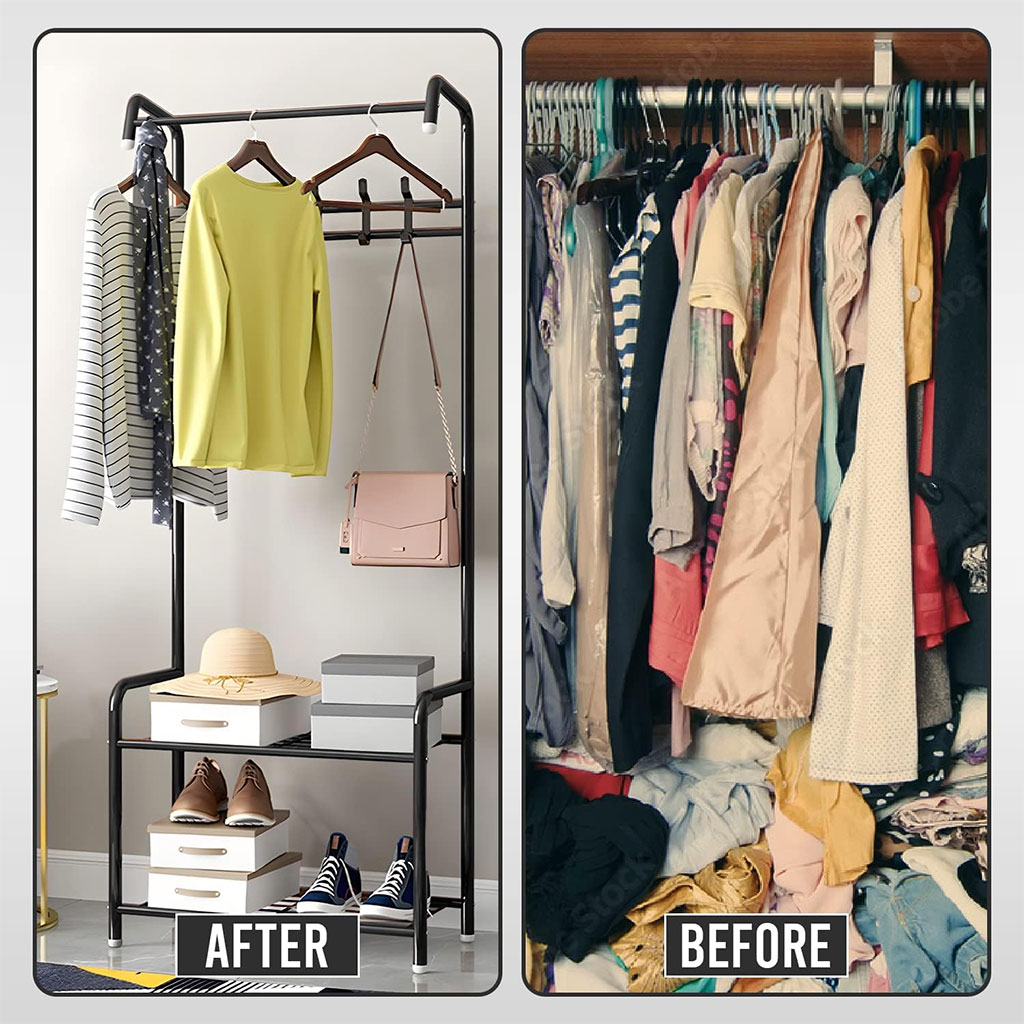 Metal coat rack and shoe organizer with hangers