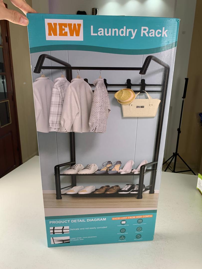 Metal coat rack and shoe organizer with hangers