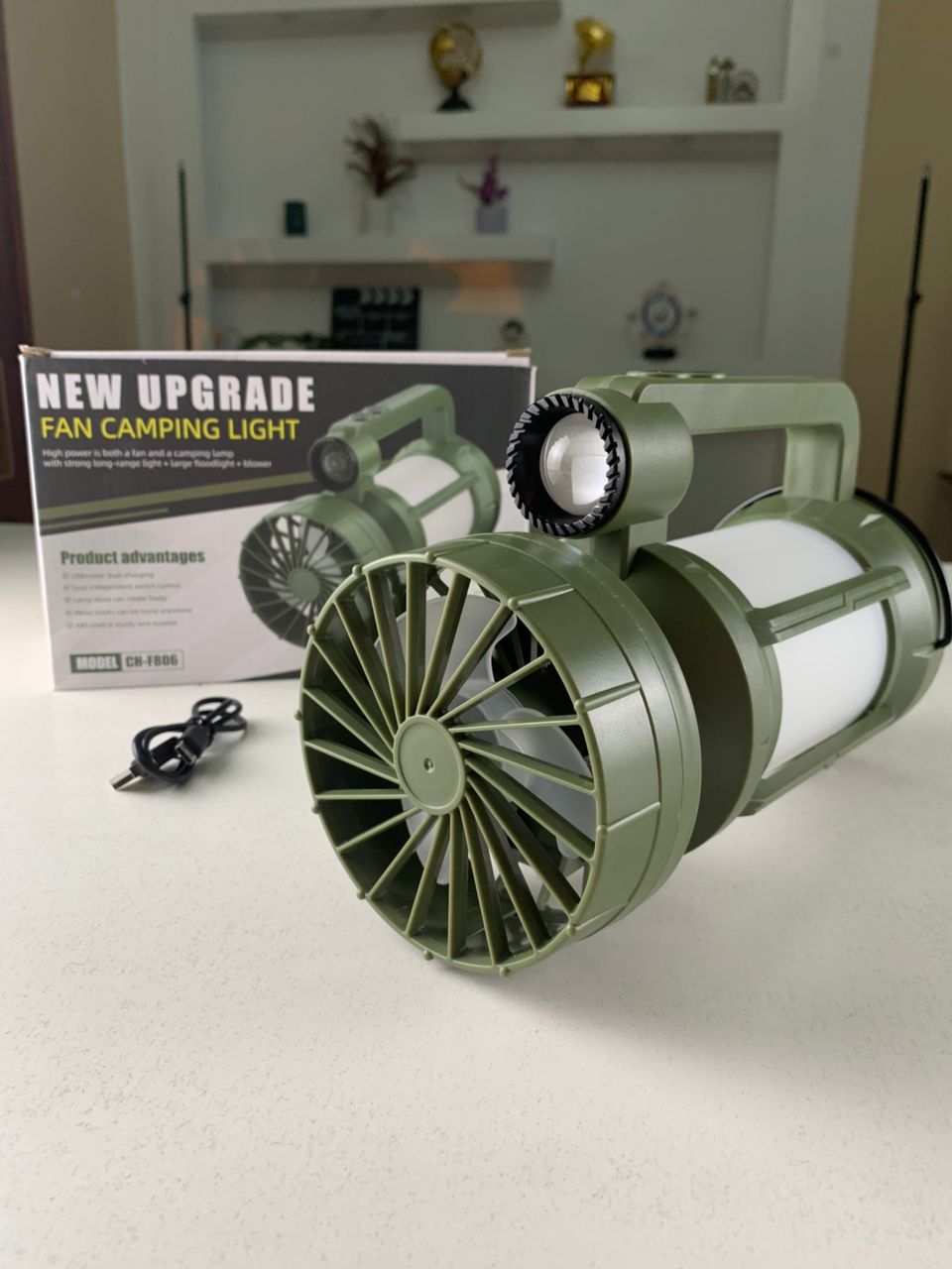 Rechargeable LED camping lantern with fan and 4 light modes