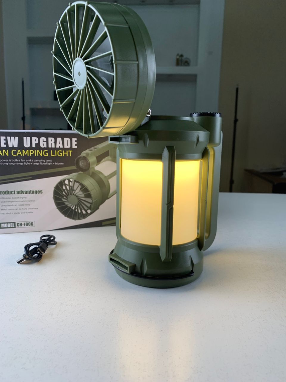 Rechargeable LED camping lantern with fan and 4 light modes