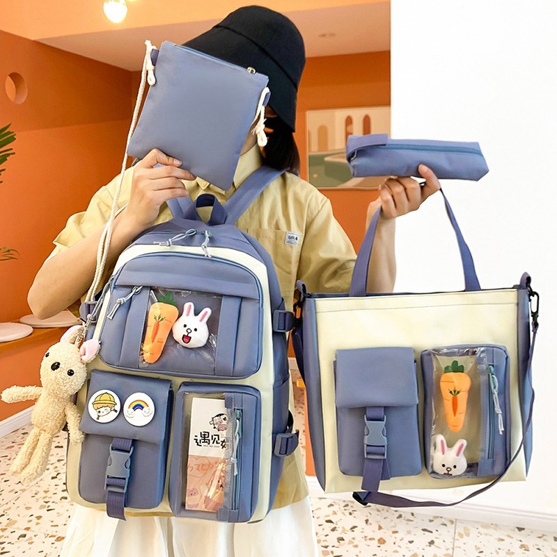 Ensemble de sacs d’école Kawai pour adolescents 4Pcs Avec Accessoires Bleu – محفظة 4 قطع كاواي مع أكسسوارات أزرق