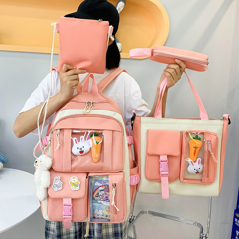 Ensemble de sacs d’école Kawai pour adolescents 4Pcs Avec Accessoires Rose – محفظة 4 قطع كاواي مع أكسسوارات وردي