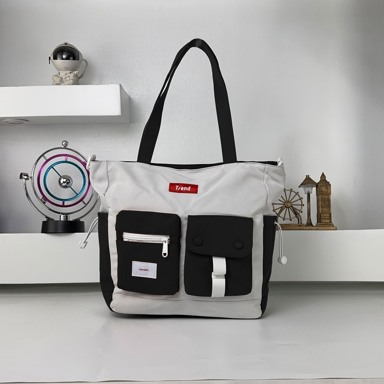 Sac Fourre-Tout Trend Style Coréen Pratique et Moderne Noir – حقيبة يد من قماش متعددة الجيوب – أسود