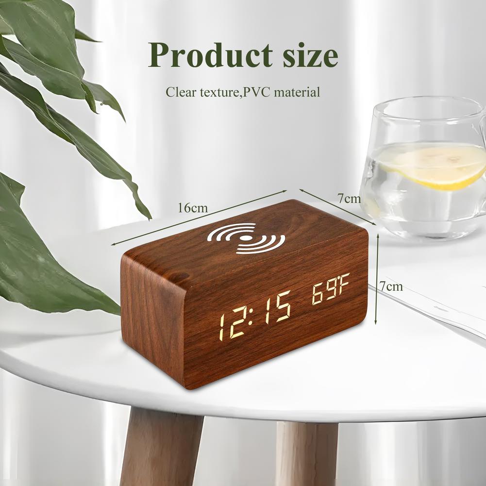 Réveil numérique de bureau en bois avec chargeur sans fil Qi
