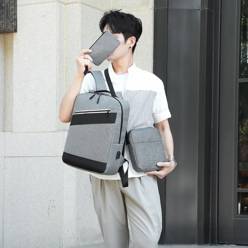 Sac à dos homme avec sac bandoulière et trousse 3en1 gris 2776-3 – محفظة ظهر رجالية 3 قطع رمادي