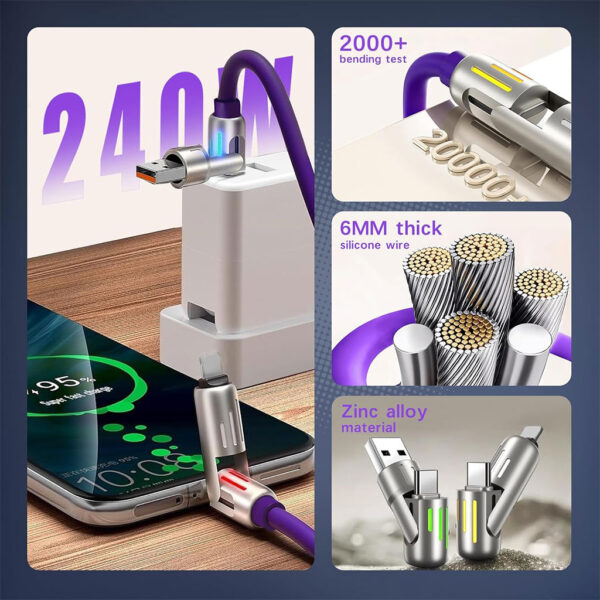 كابل شحن متعدد الوظائف 4 في 1، USB-C و A و Lightning، بقدرة 240 واط