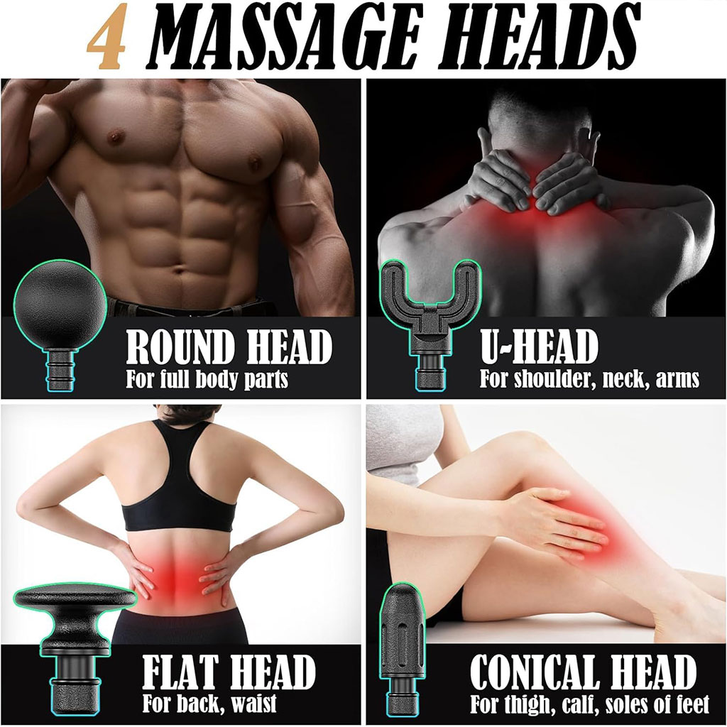 Long handle massage gun, 4 heads, 3 modes and 6 levels