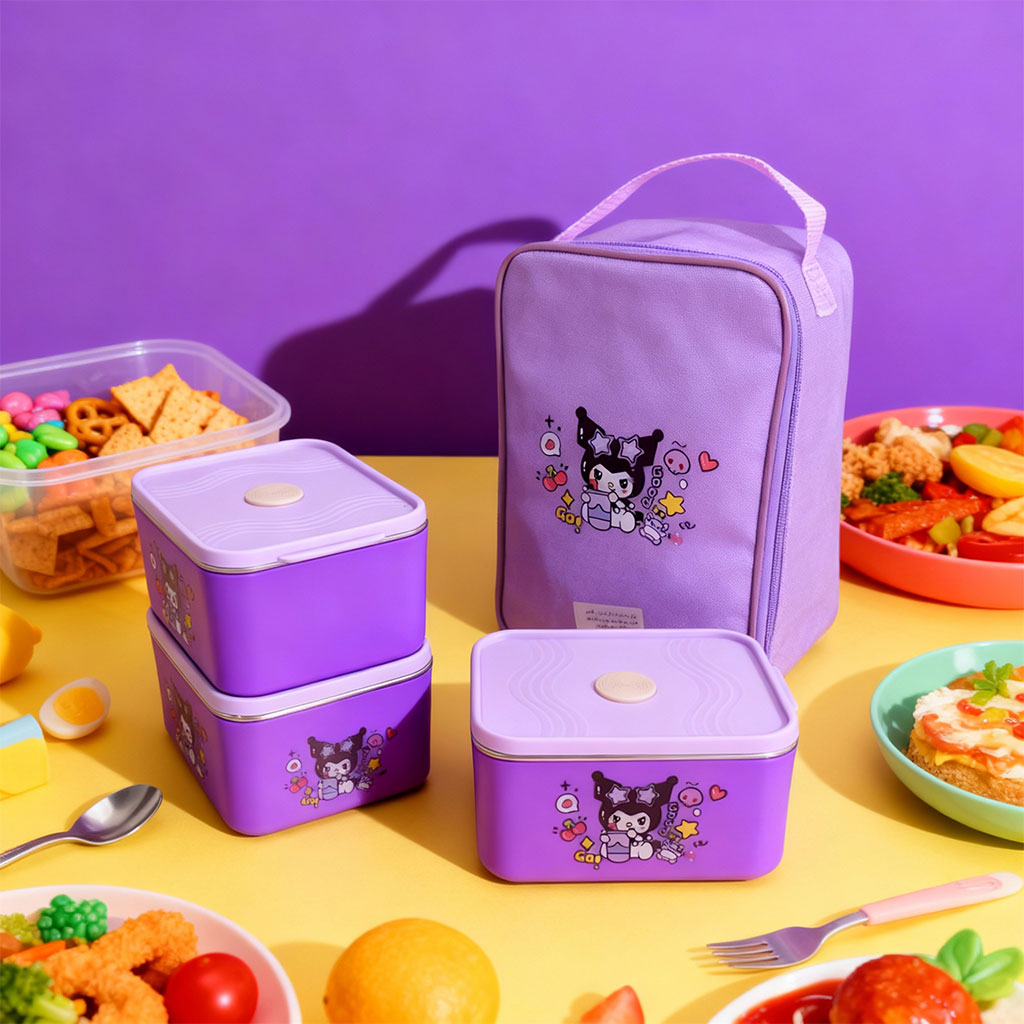 3-Compartment Lunch Box with Cartoon Insulated Bag