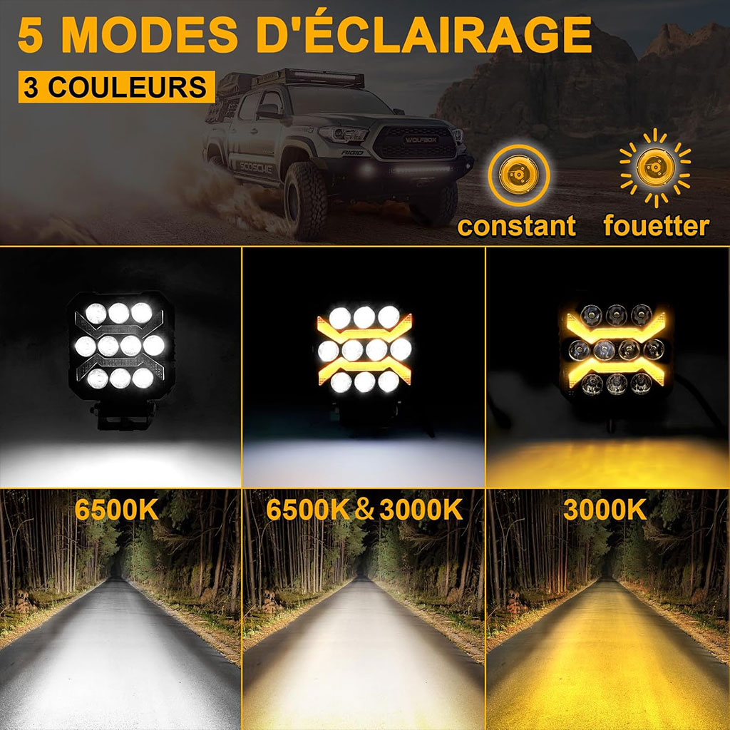 Phare antibrouillard LED 12-24V, 5 modes, étanche IP68, 1 pièce