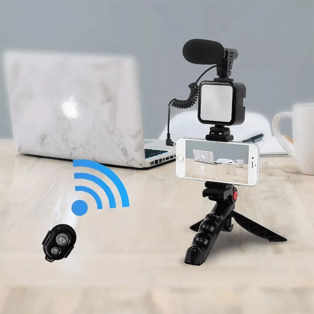 Video recording kit for smartphone and camera with microphone and LED light
