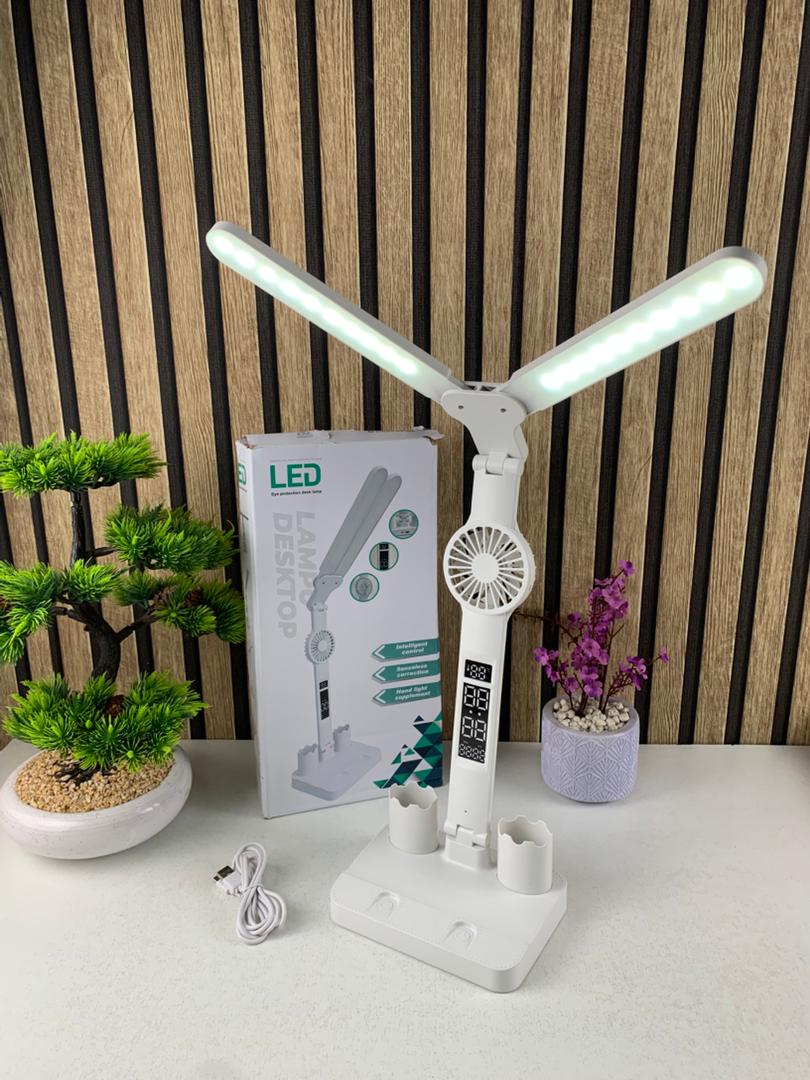 مصباح مكتب LED برأس مزدوج مع مروحة وساعة
