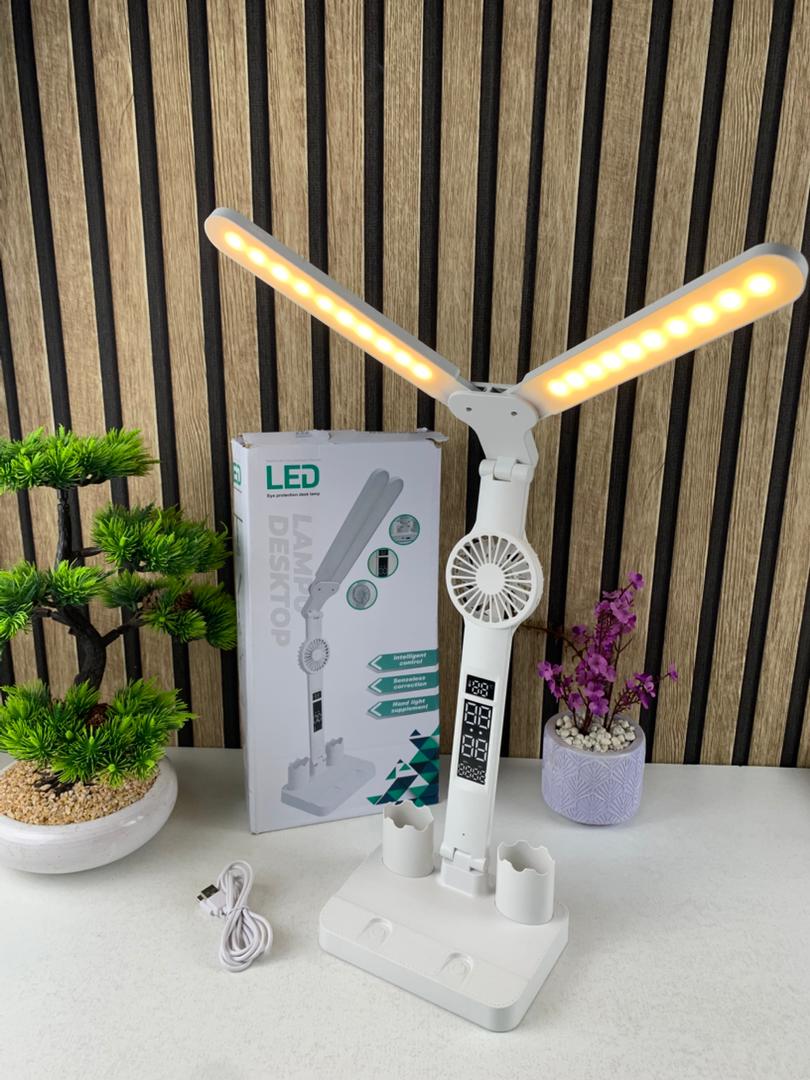 مصباح مكتب LED برأس مزدوج مع مروحة وساعة