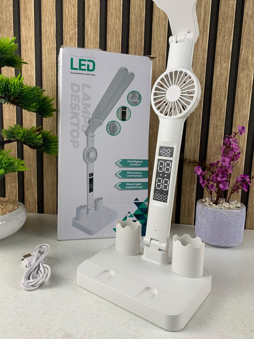 مصباح مكتب LED برأس مزدوج مع مروحة وساعة
