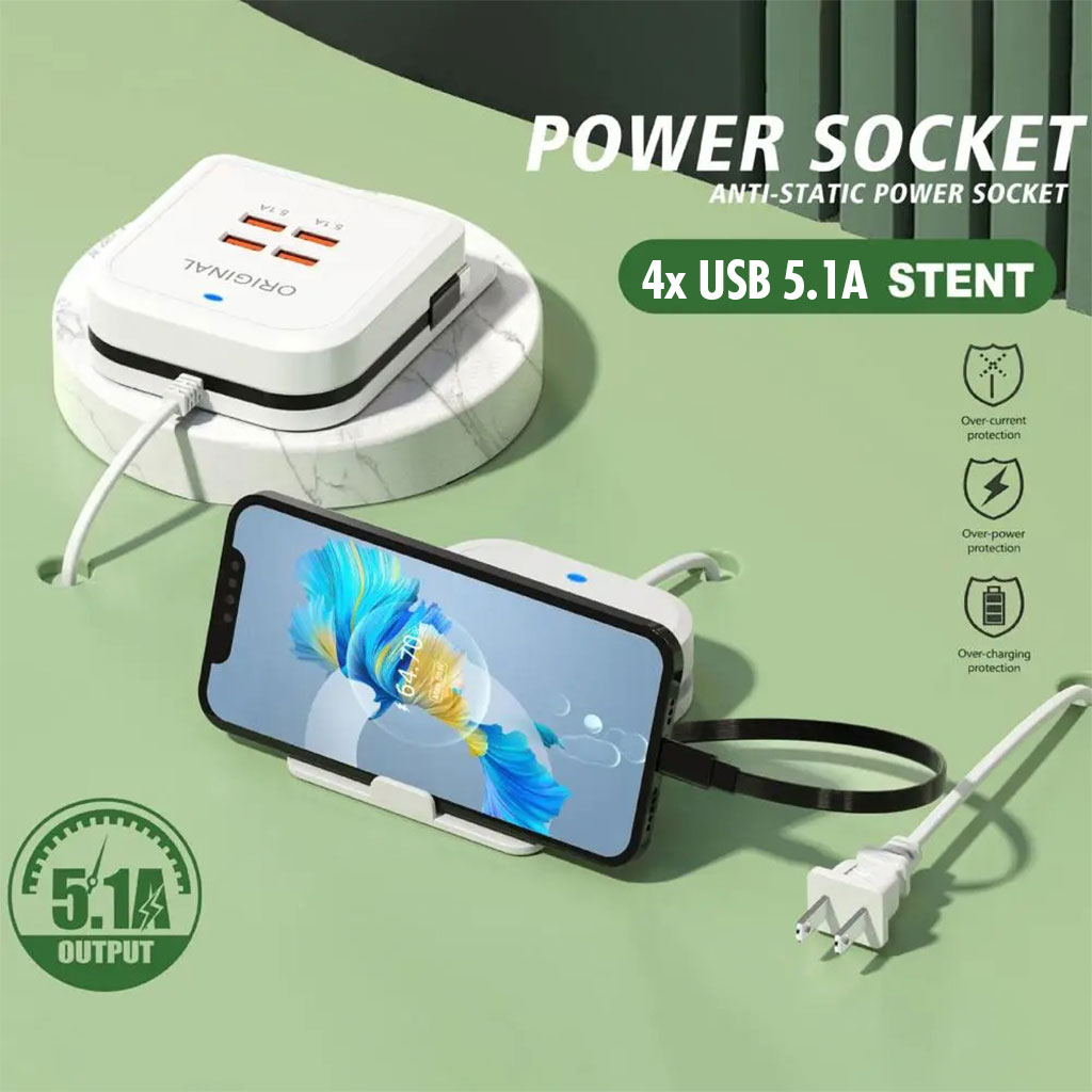 محطة شحن سريع عالمية 4 منافذ USB مع كابل Type-C