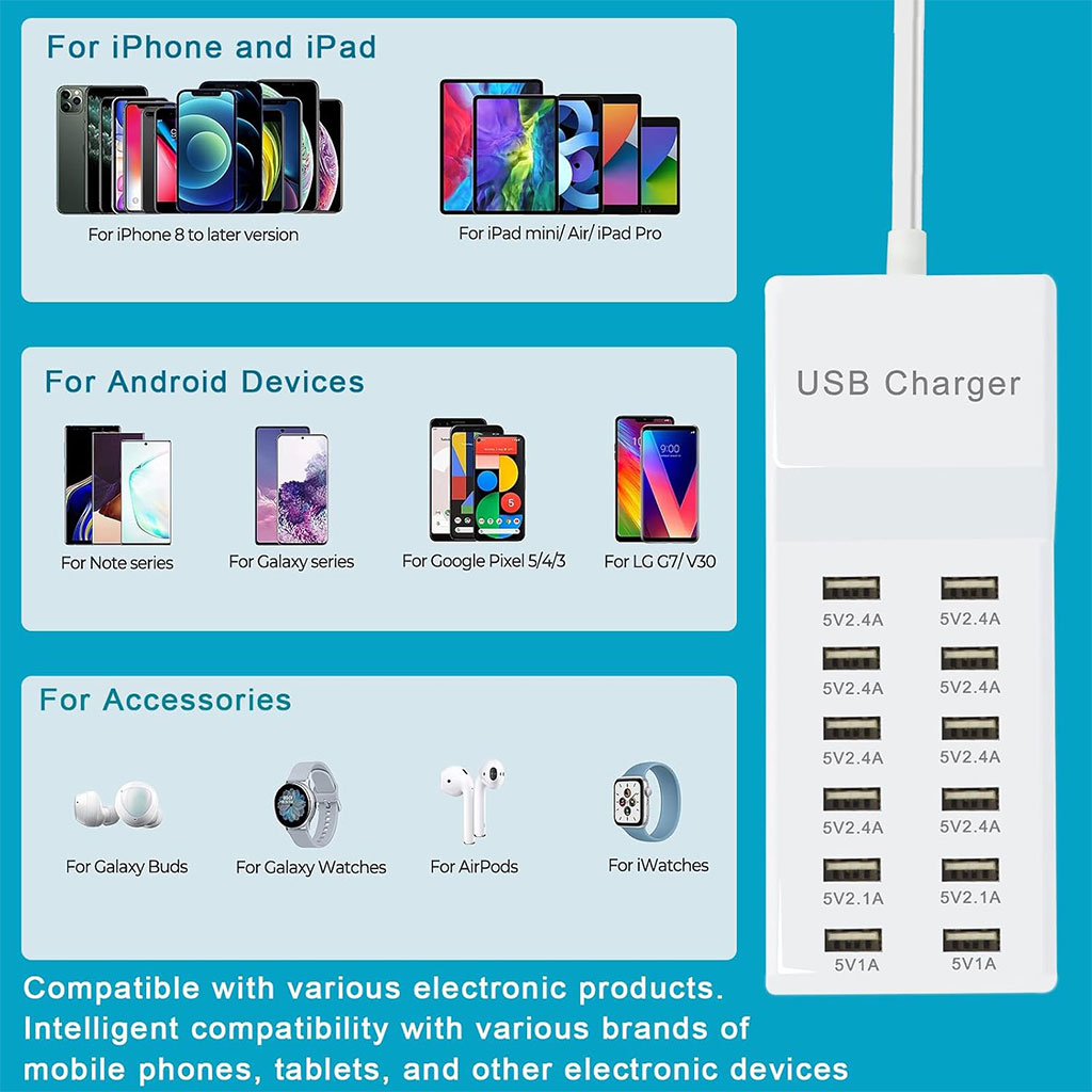 محطة شحن USB بـ 12 منفذ مع مقبس طاقة سريع