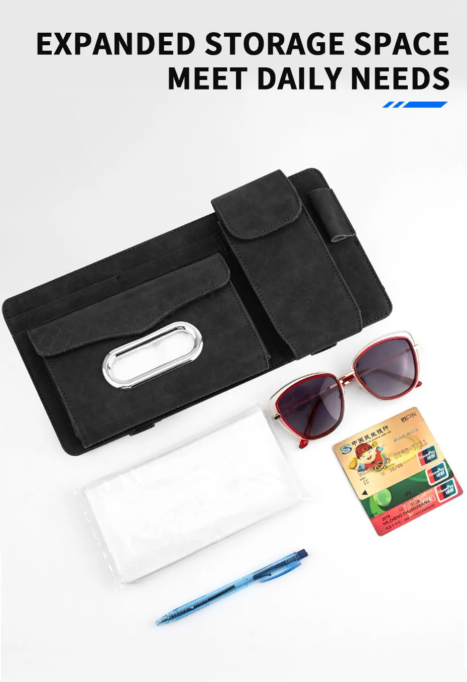 Car sun visor organizer with glasses case